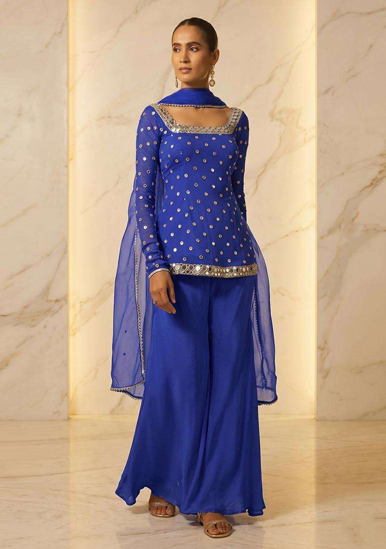 Royal Blue Handwork Sharara Set - Indya