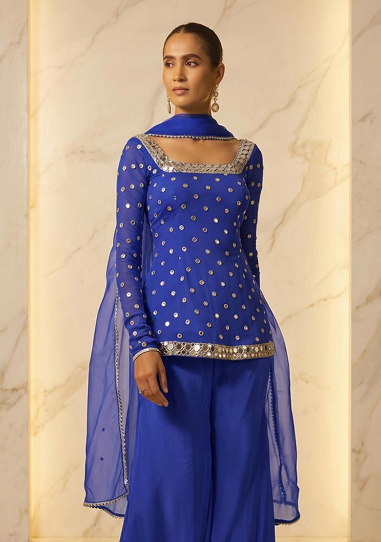 Royal Blue Handwork Sharara Set - Indya