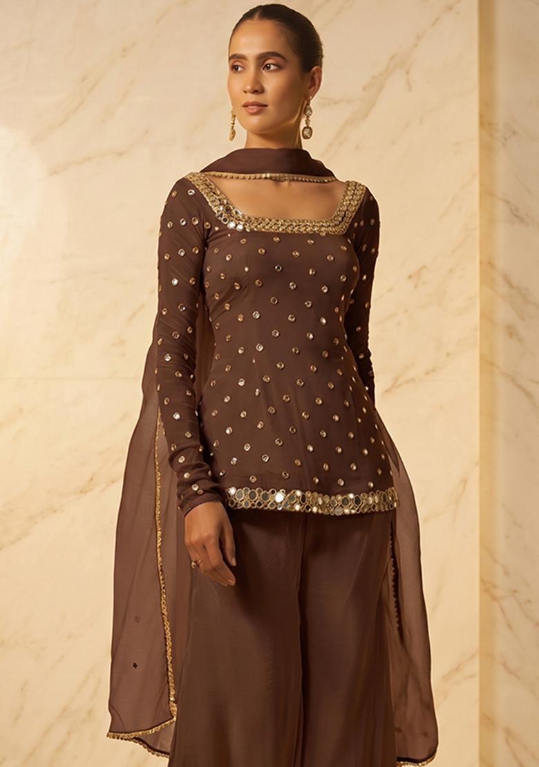 Chocolate Brown Handwork Sharara Set - Indya
