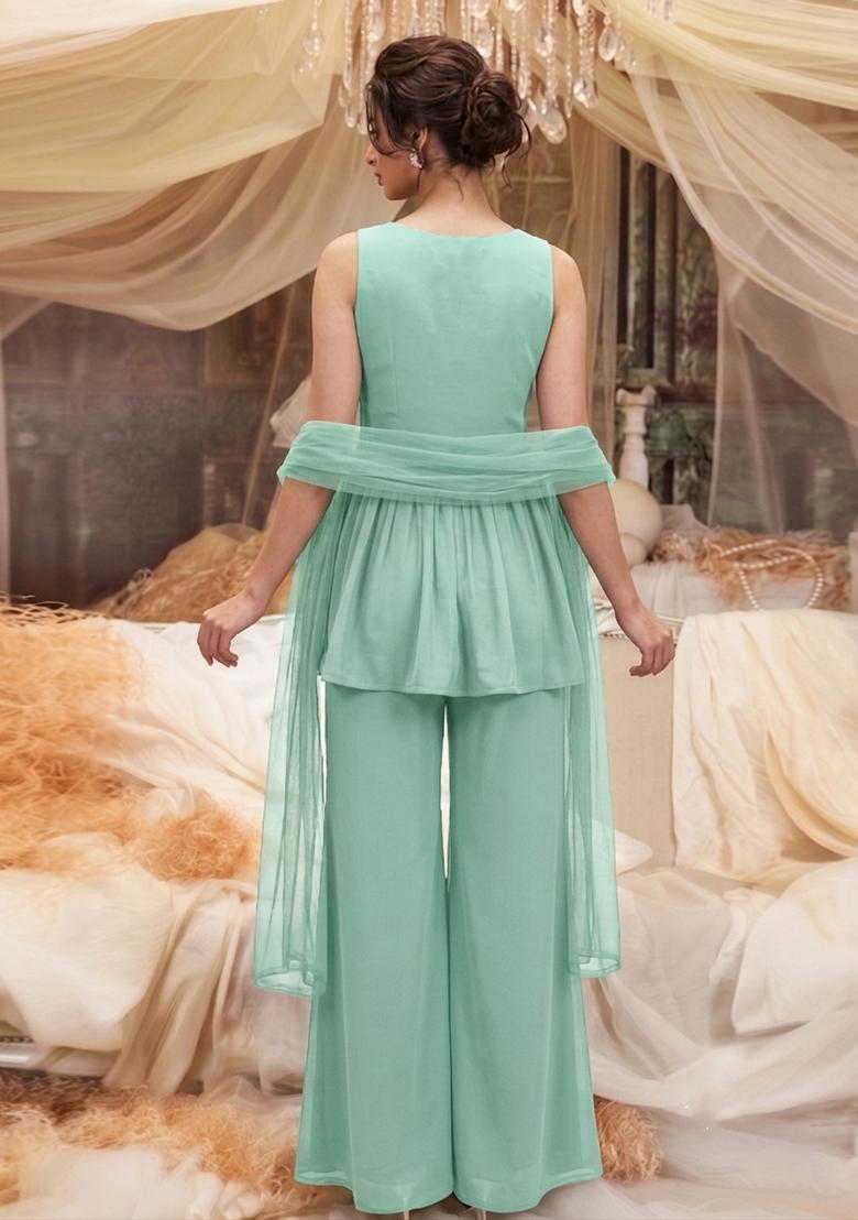 Mint Green Handwork Kurta Set - Indya