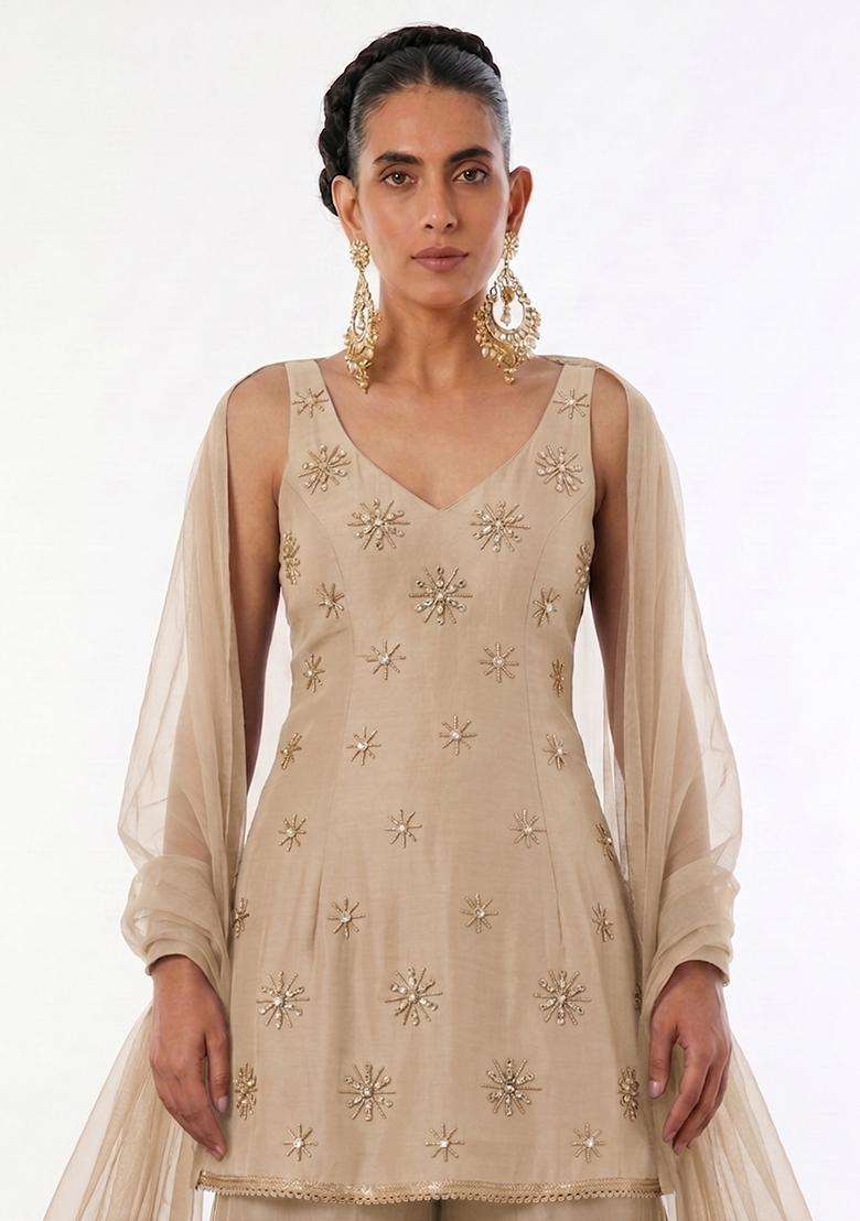 Sand Beige Handwork Sharara Set - Indya