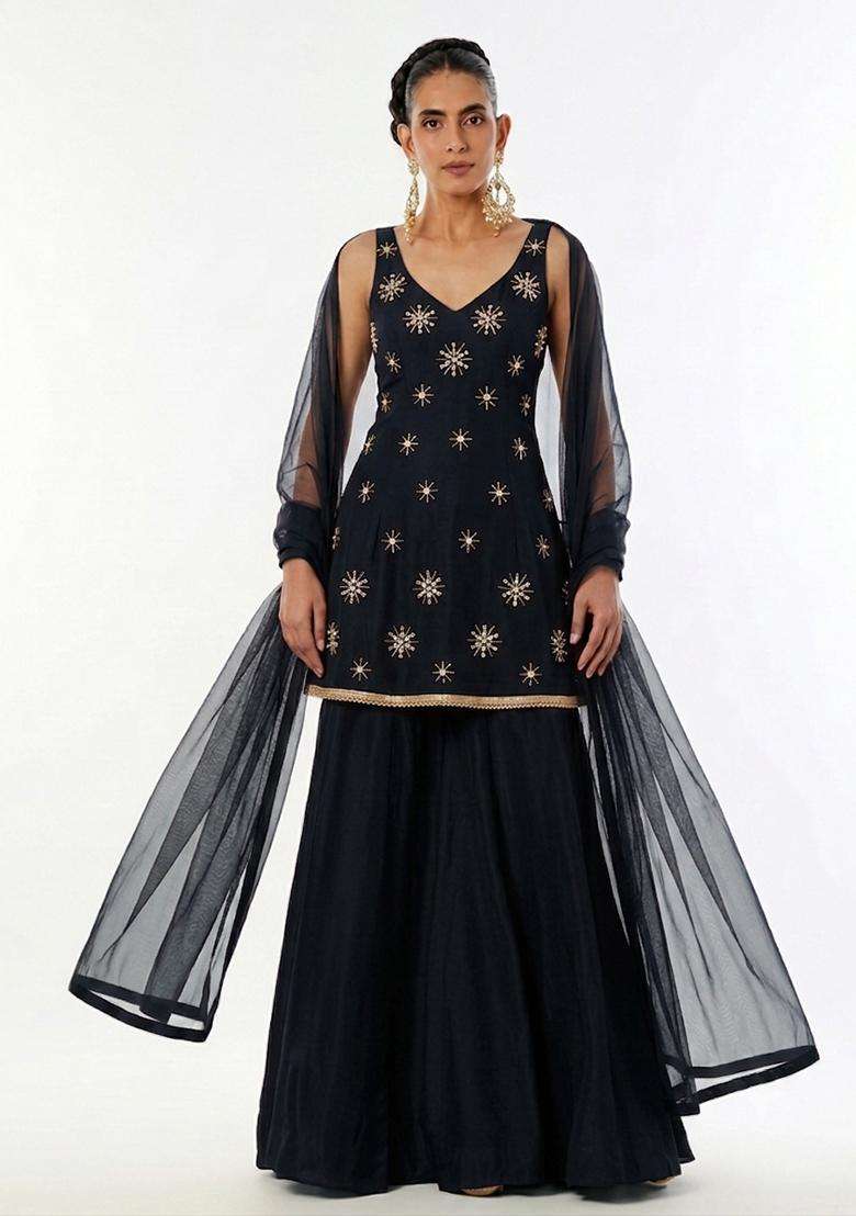 Black Handwork Sharara Set - Indya