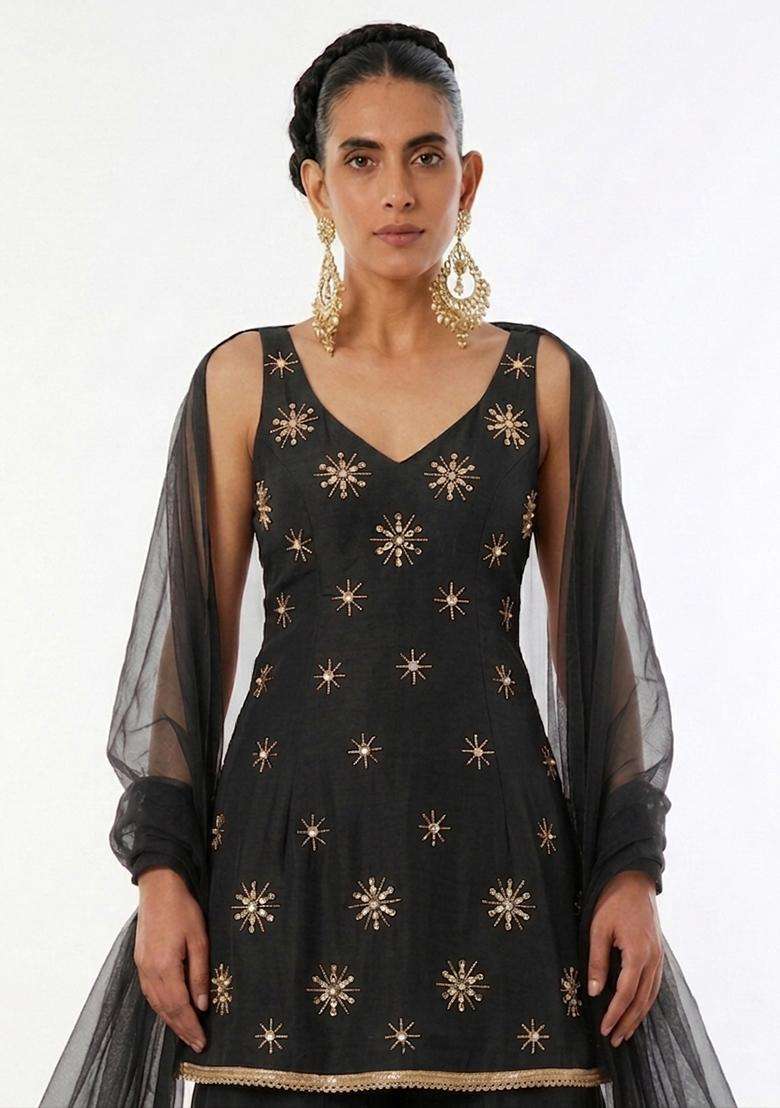 Black Handwork Sharara Set - Indya