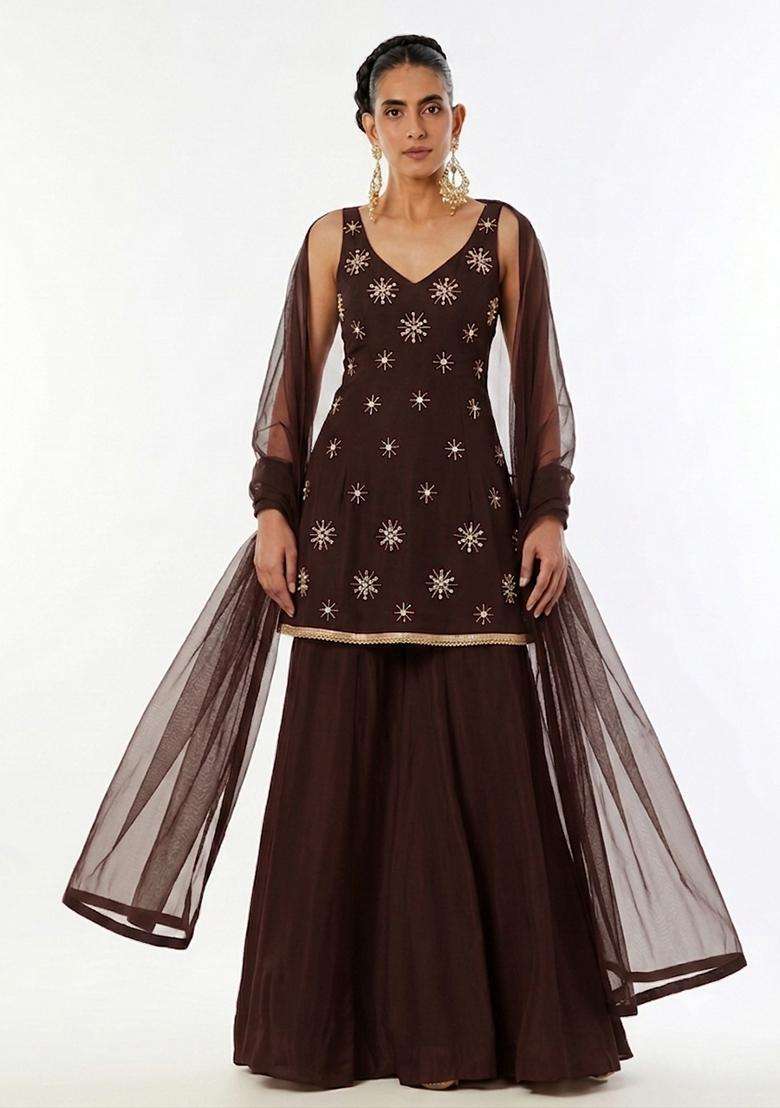 Coffee Brown Handwork Sharara Set - Indya