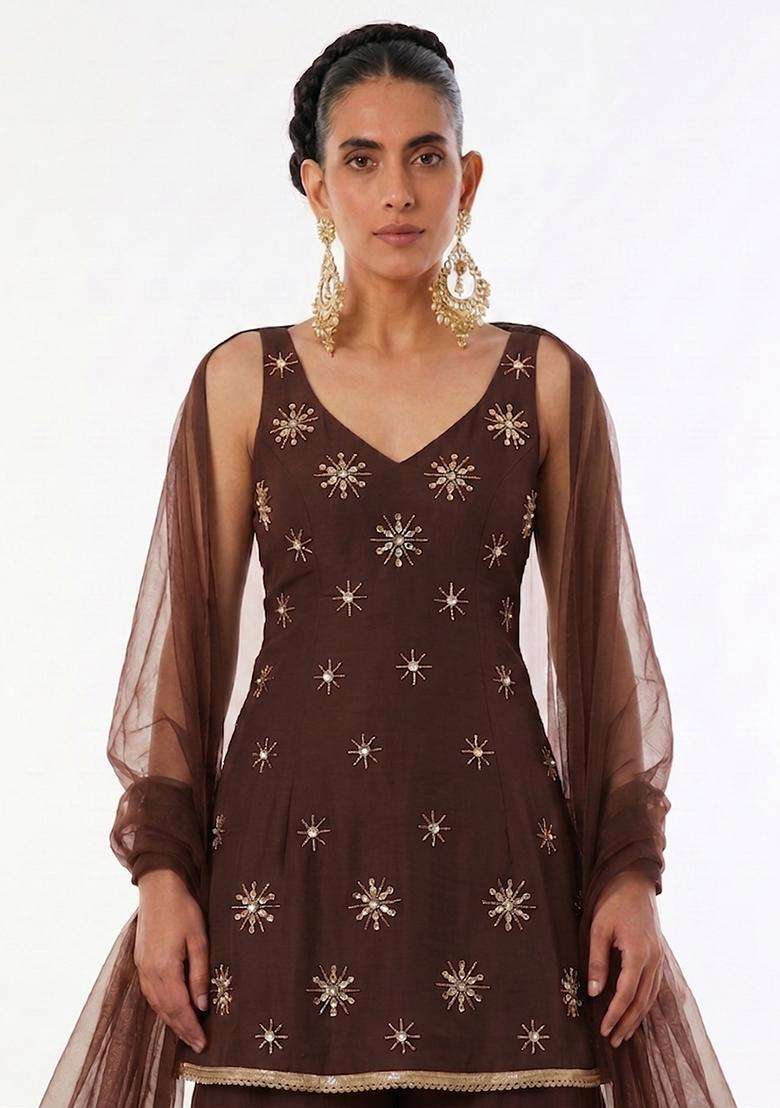 Coffee Brown Handwork Sharara Set - Indya