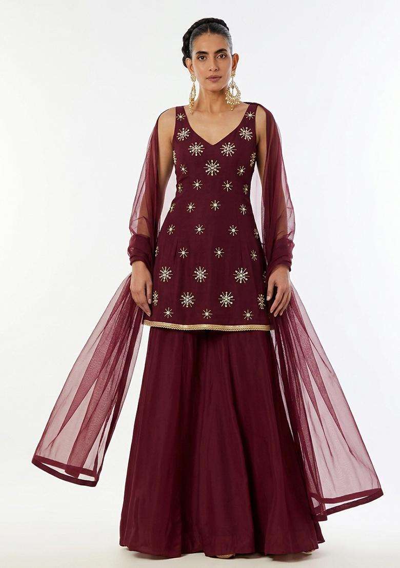 Maroon Handwork Sharara Set - Indya