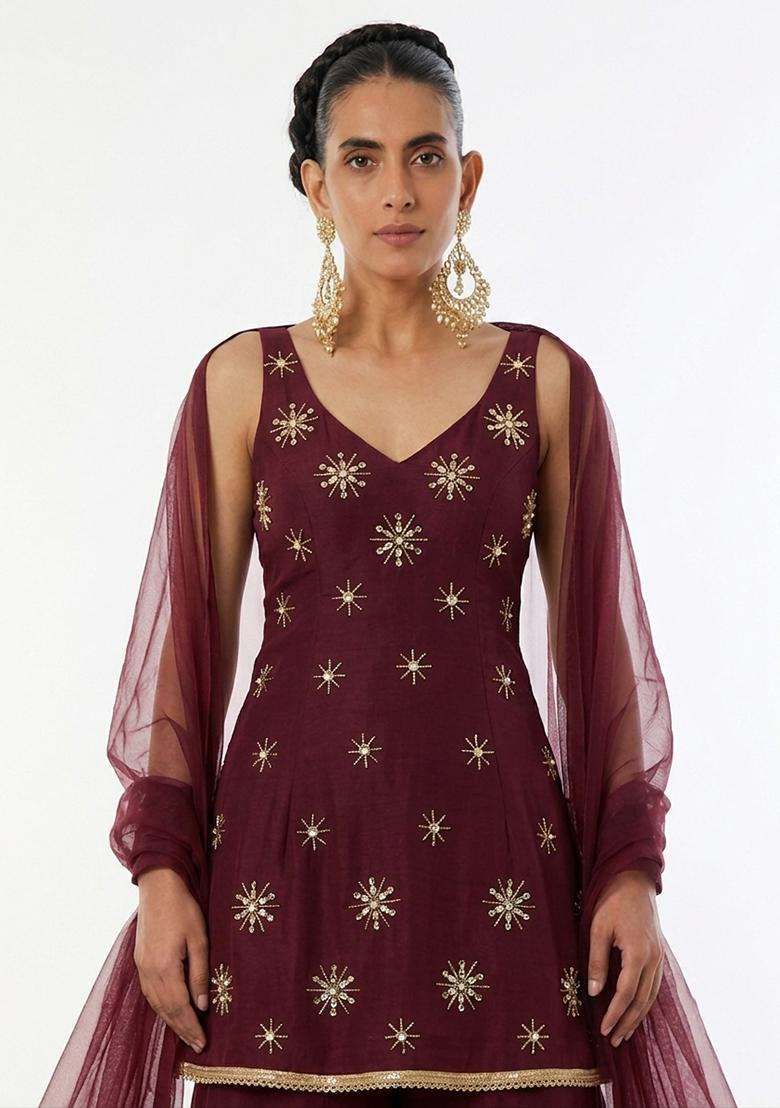 Maroon Handwork Sharara Set - Indya