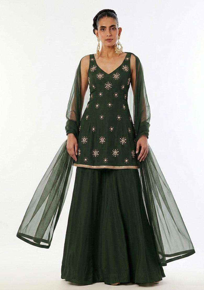 Olive Handwork Sharara Set - Indya