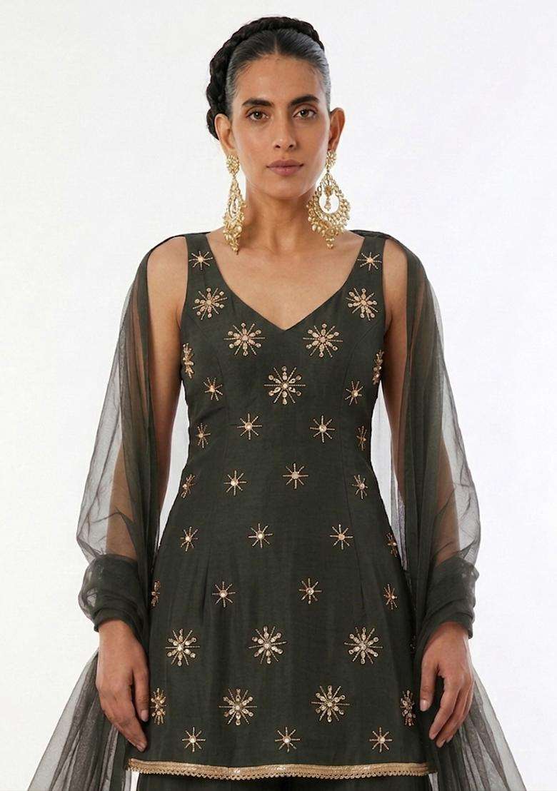 Olive Handwork Sharara Set - Indya