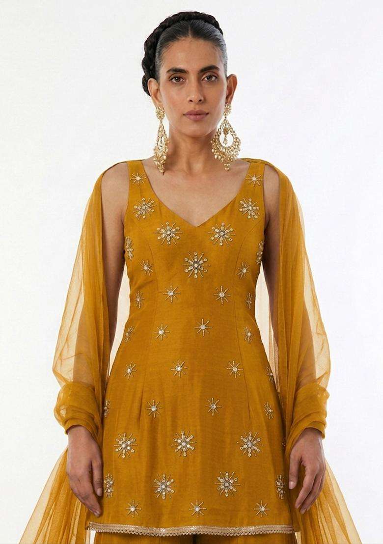 Mustard Yellow Handwork Anarkali Set - Indya