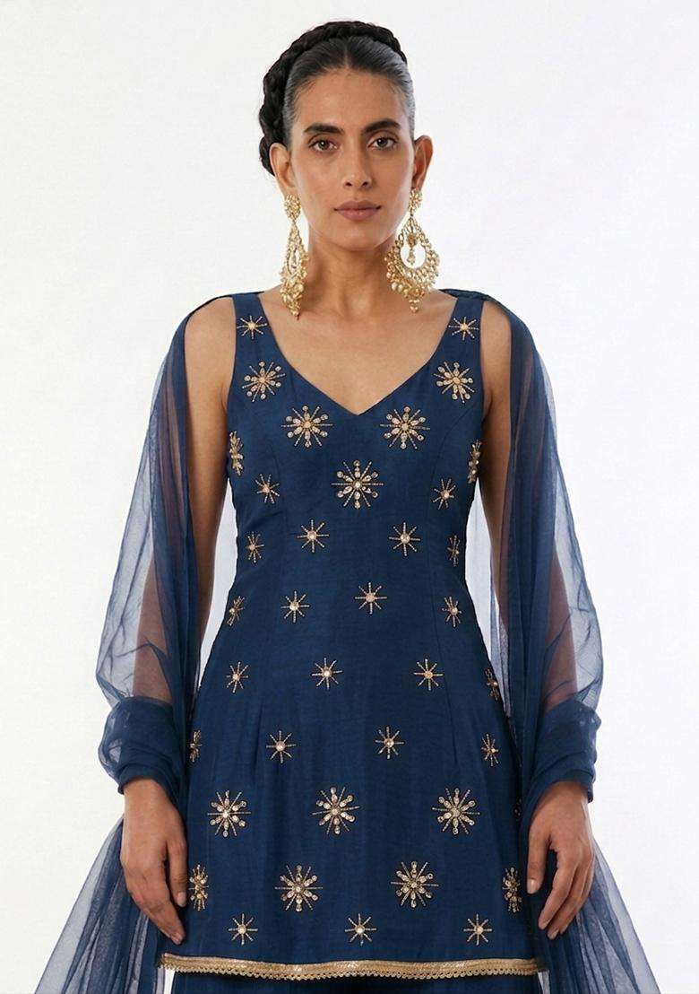 Dark Blue Handwork Sharara Set - Indya