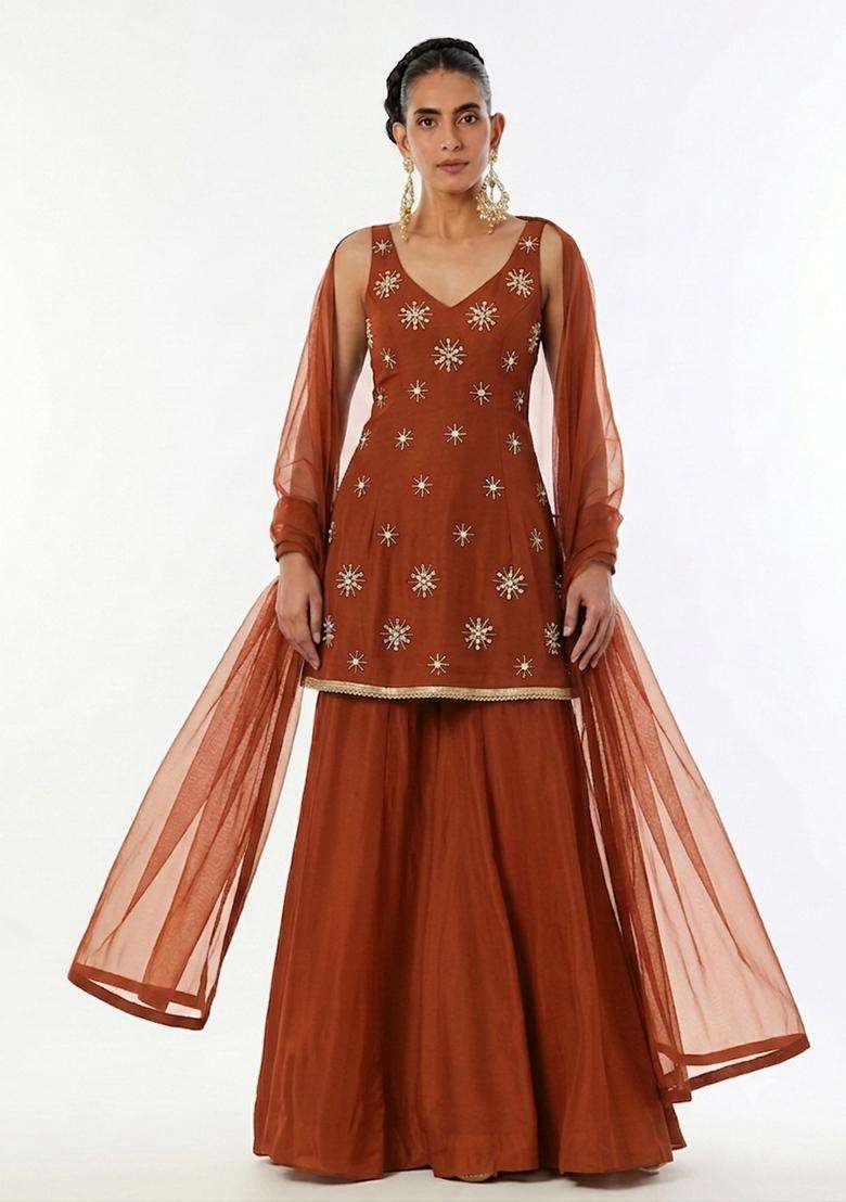 Burnt Orange Handwork Sharara Set - Indya