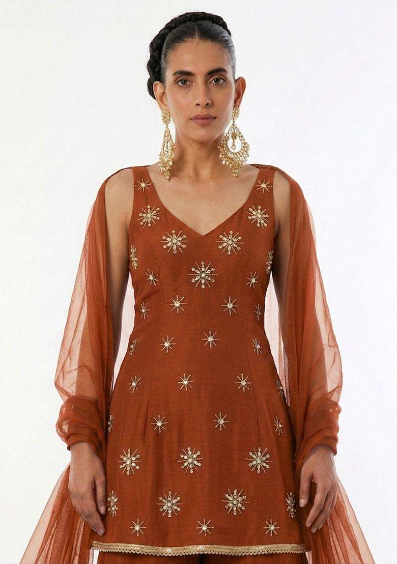 Burnt Orange Handwork Sharara Set - Indya