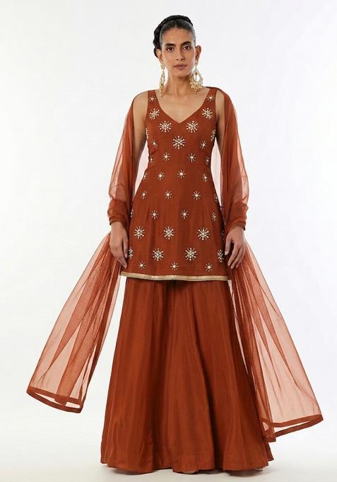 Burnt Orange Handwork Sharara Set