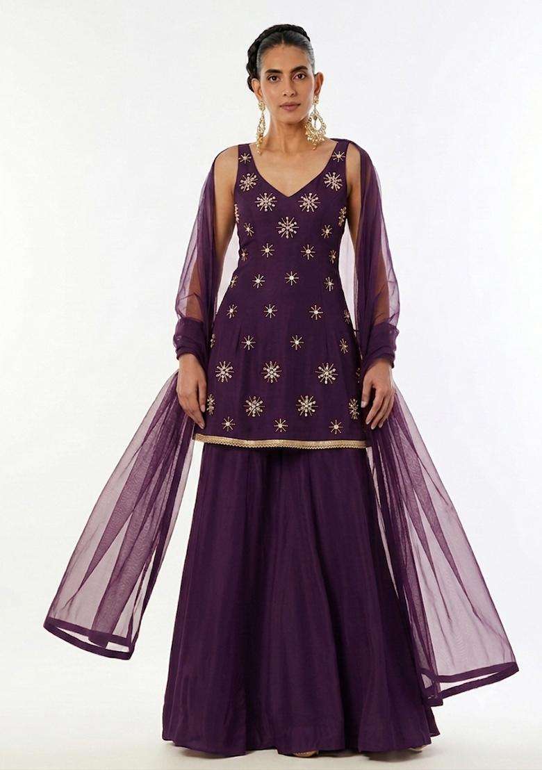 Deep Purple Handwork Sharara Set - Indya