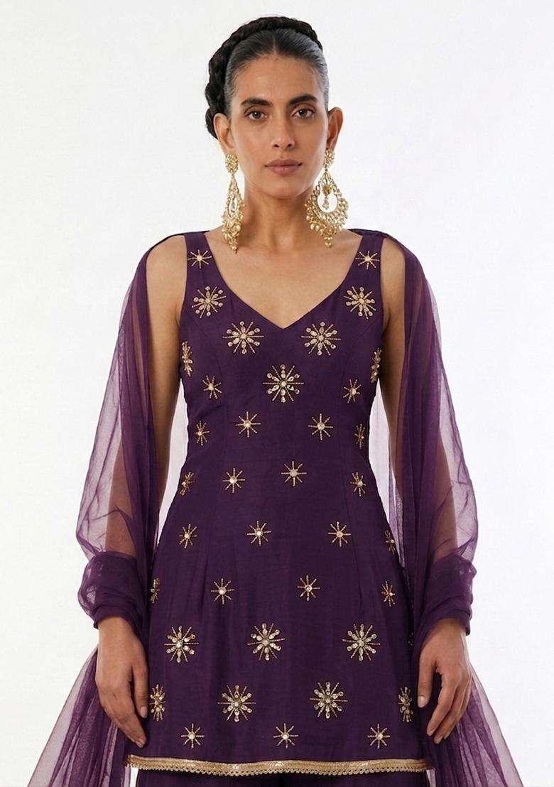 Deep Purple Handwork Sharara Set - Indya