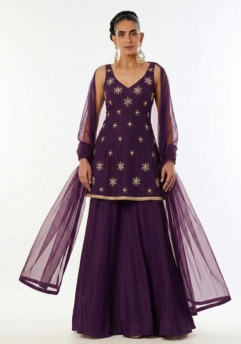 Deep Purple Handwork Sharara Set