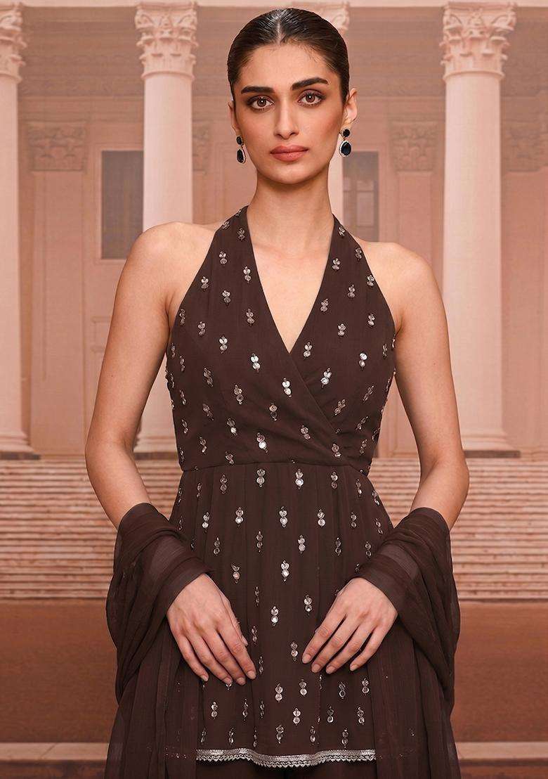 Dark Brown Handwork Sharara Set - Indya