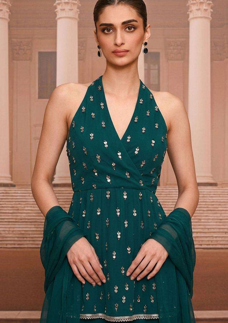 Deep Teal Handwork Sharara Set - Indya