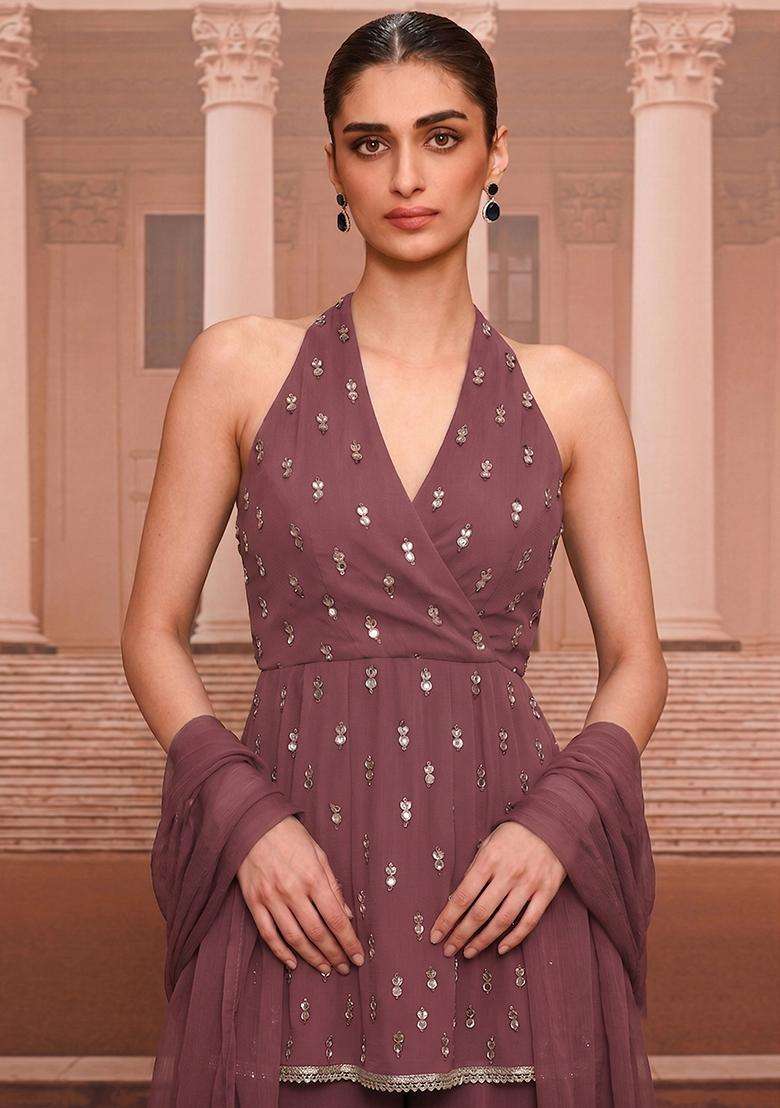 Mauve Handwork Kurta Set - Indya