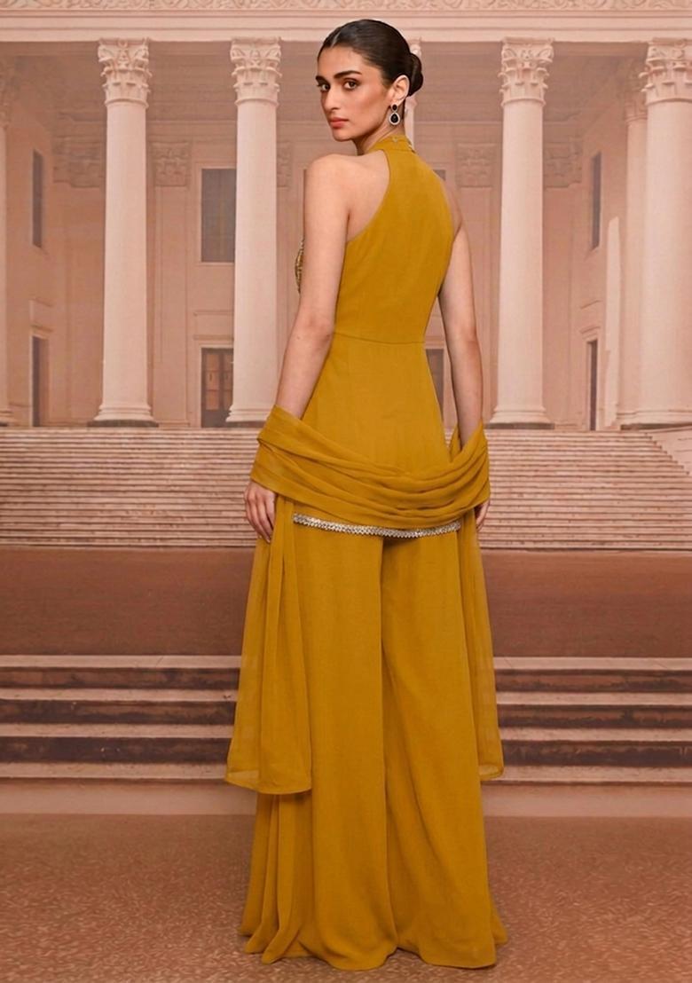 Mustard Yellow Handwork Sharara Set - Indya