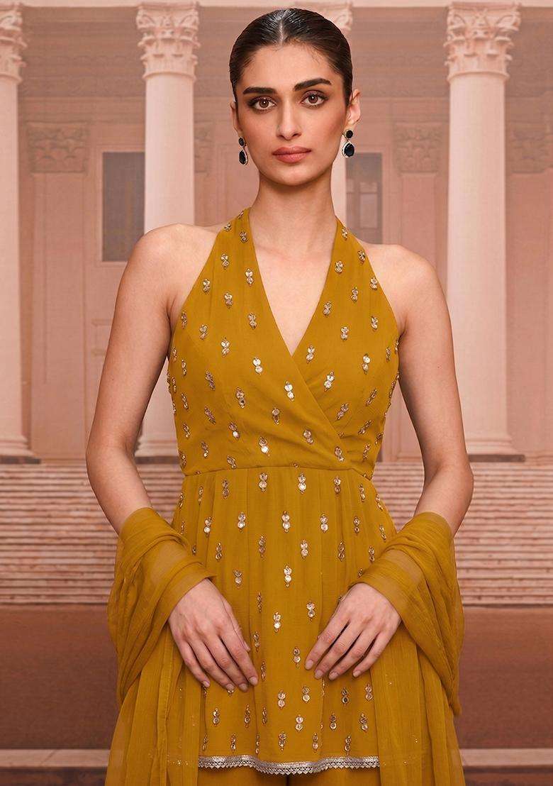 Mustard Yellow Handwork Sharara Set - Indya