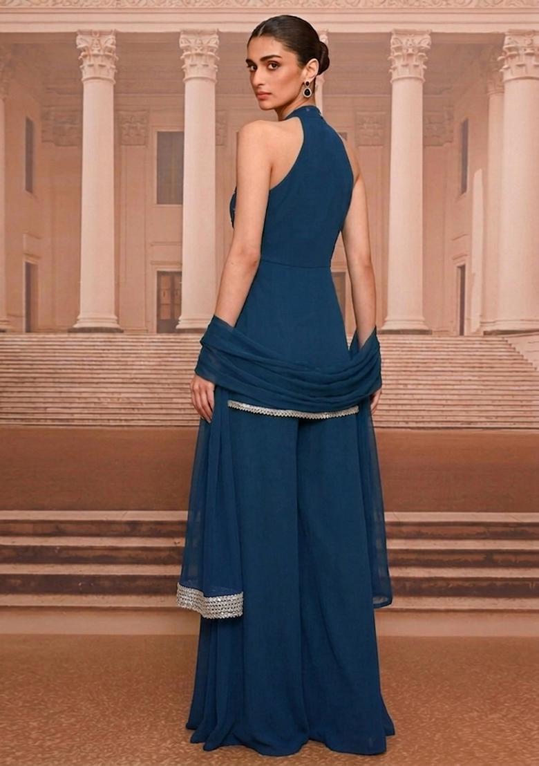 Dark Blue Handwork Sharara Set - Indya