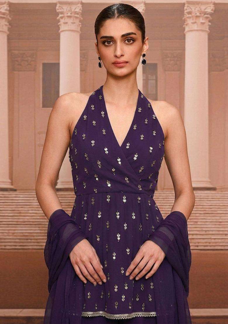 Dark Purple Handwork Sharara Set - Indya
