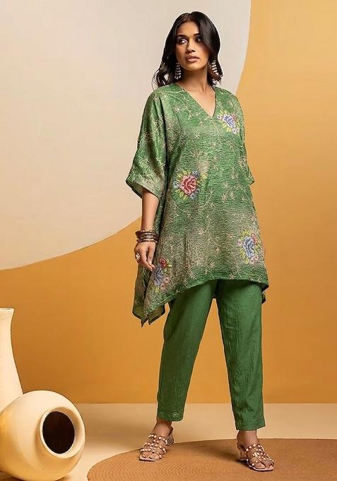 Green Embroidered Crepe Kurta Set