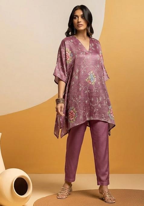 Wine Embroidered Crepe Kurta Set