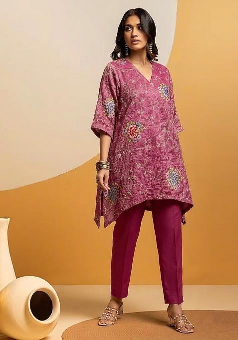 Magenta Pink Embroidered Crepe Kurta Set