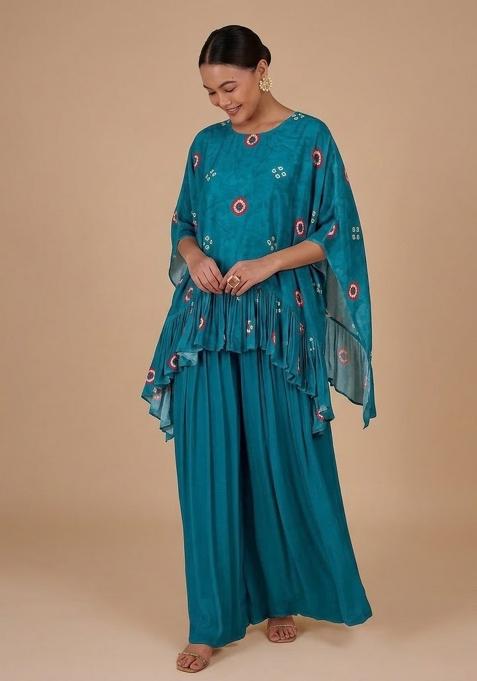 Teal Printed Satin Fusion Set