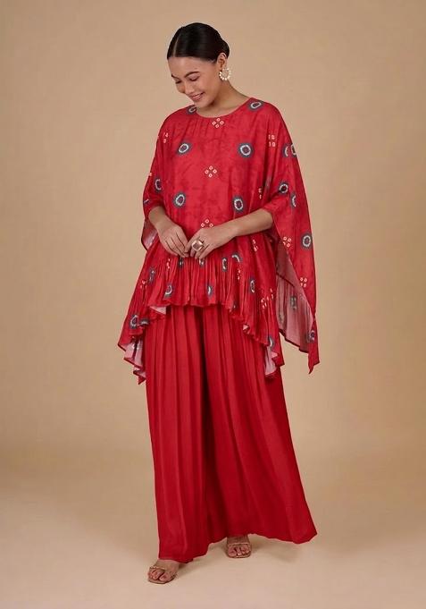Red Printed Satin Fusion Set