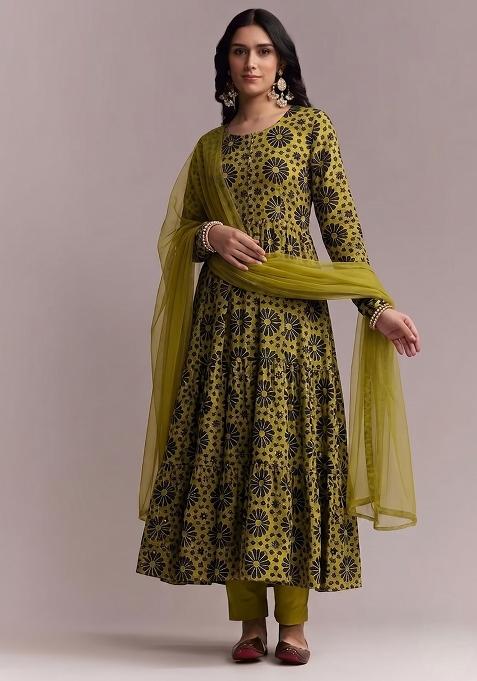 Olive Floral Print Anarkali Set