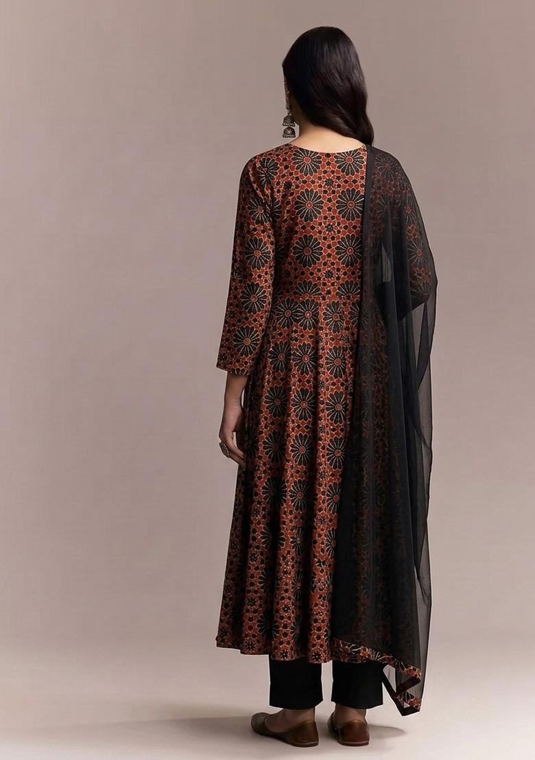 Rust Orange Printed Anarkali Set - Indya