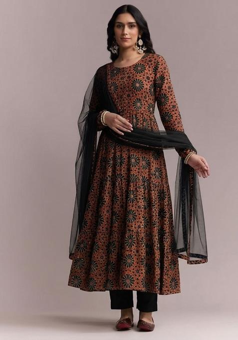 Rust Orange Printed Anarkali Set