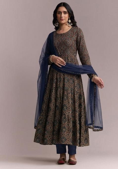 Dark Brown Printed Anarkali Set