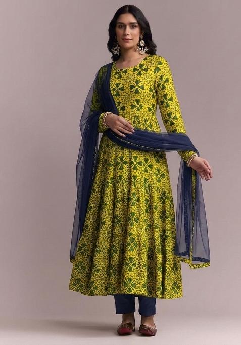 Yellow Printed Anarkali Set