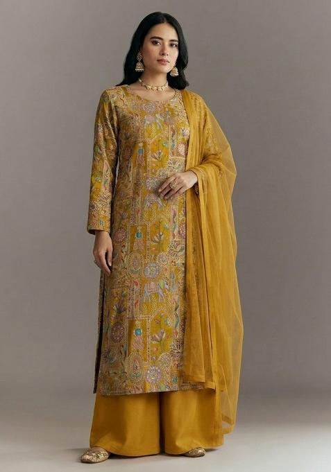 Mustard Yellow Printed Kurta Set