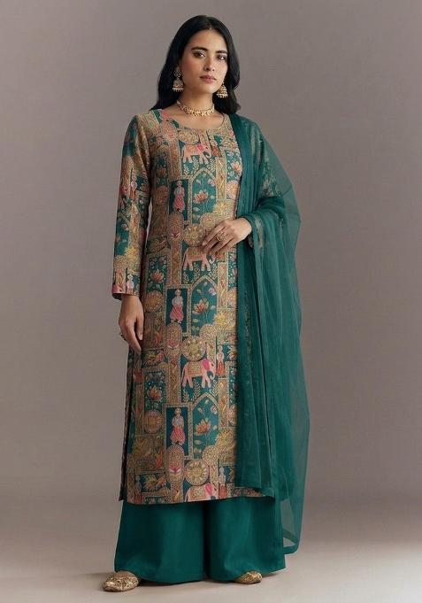 Teal Green Figure Print Kurta Set