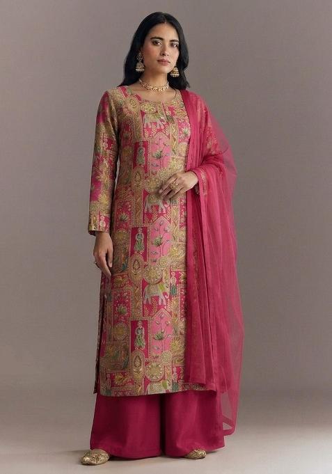Magenta Pink Printed Kurta Set