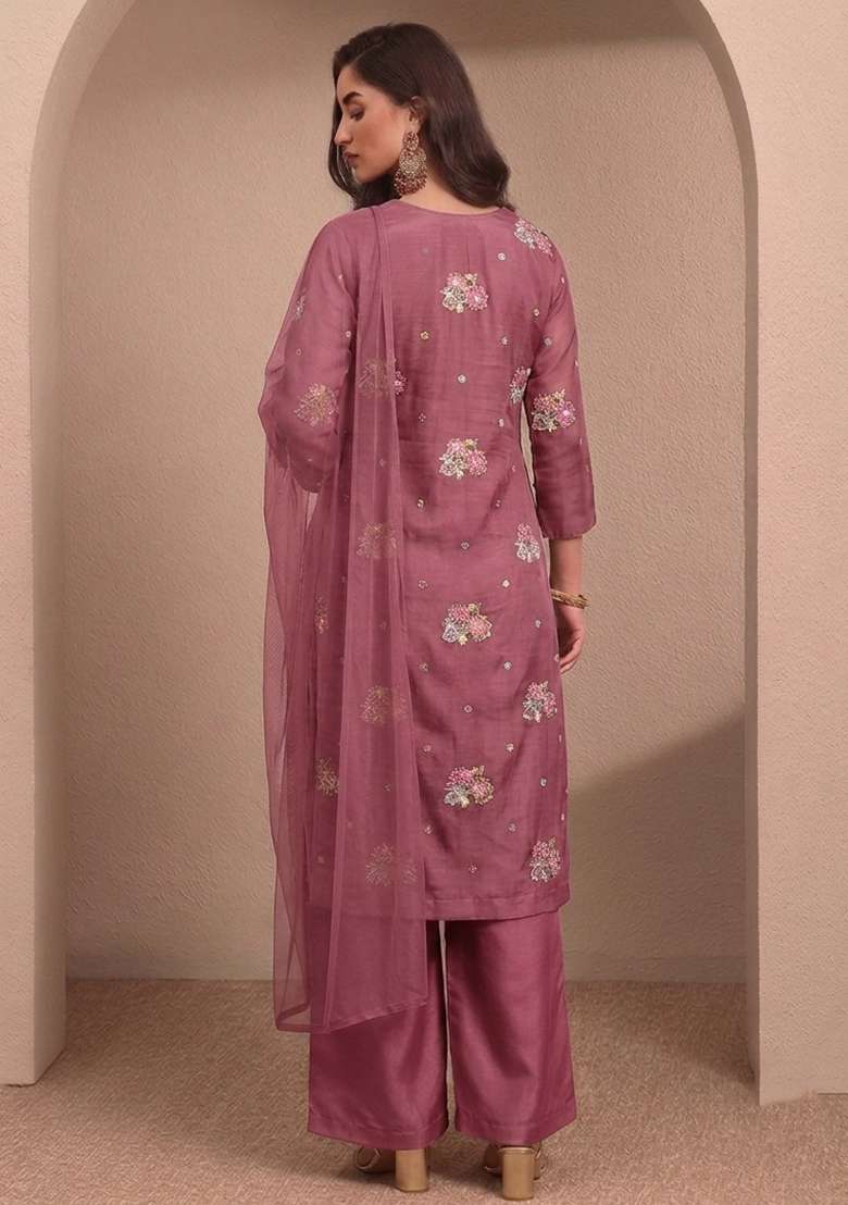 Wine Embroidered Kurta Set - Indya