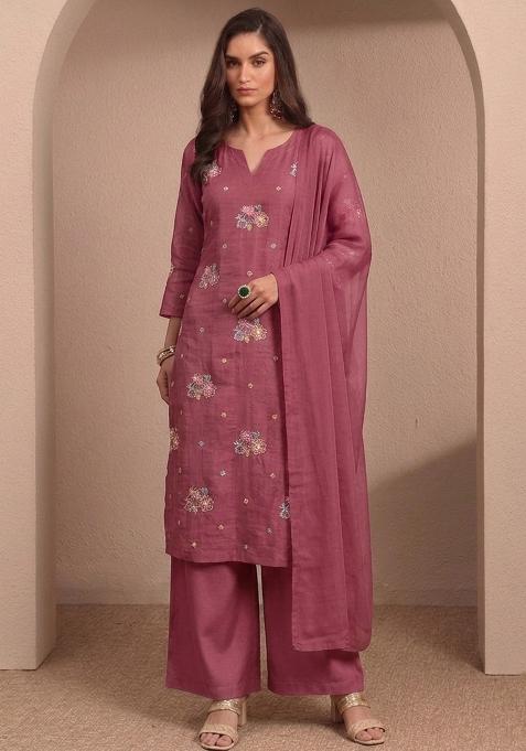 Wine Embroidered Kurta Set