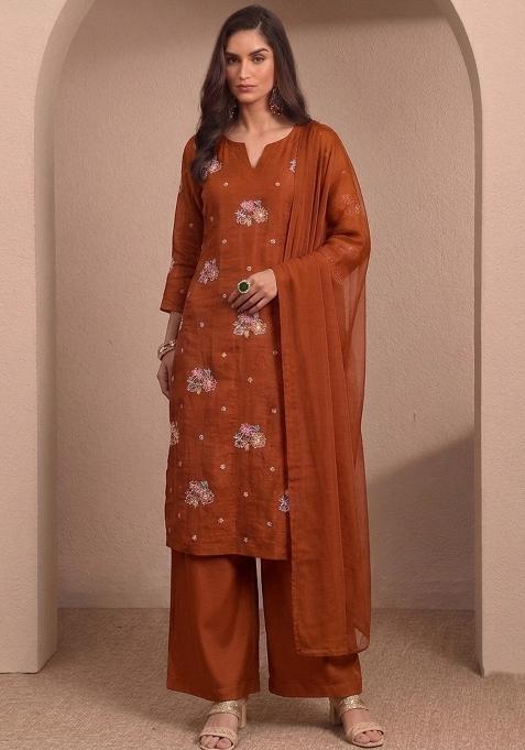 Rust Orange Embroidered Kurta Set