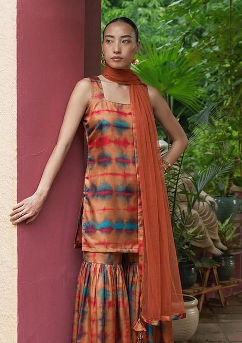 Orange Printed Satin Sharara Set - Indya
