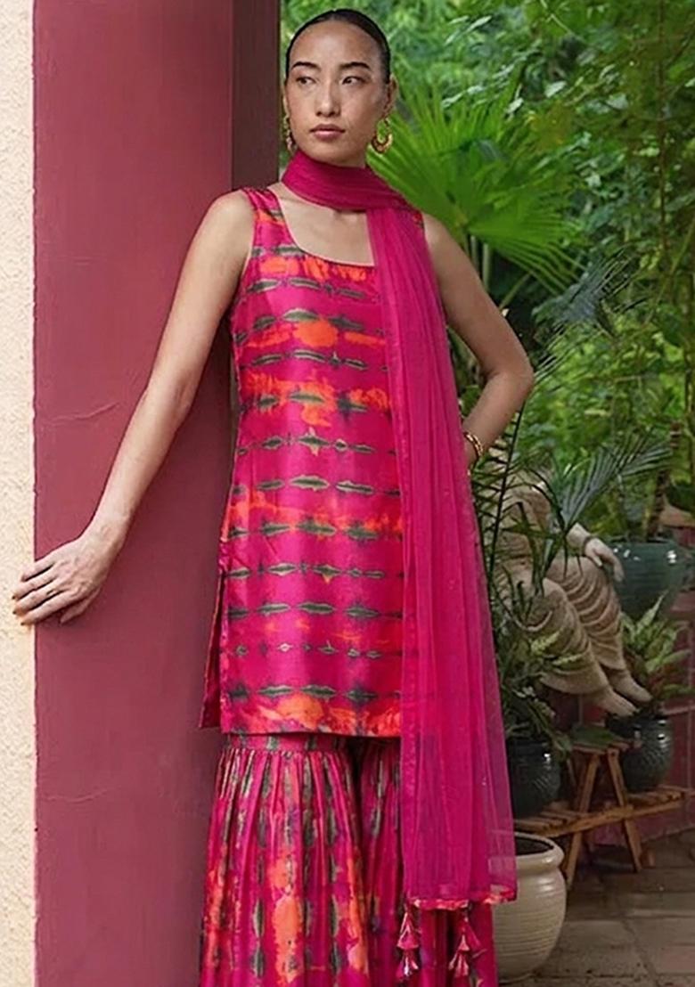 Magenta Pink Printed Satin Sharara Set - Indya