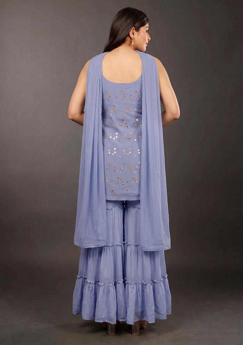 Dusty Blue Mirror Georgette Sharara Set - Indya