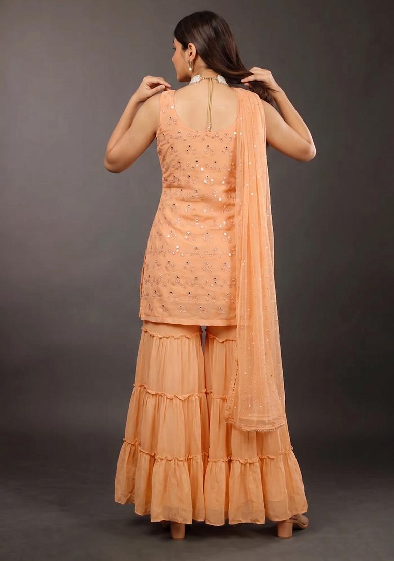 Peach Mirror Georgette Sharara Set - Indya