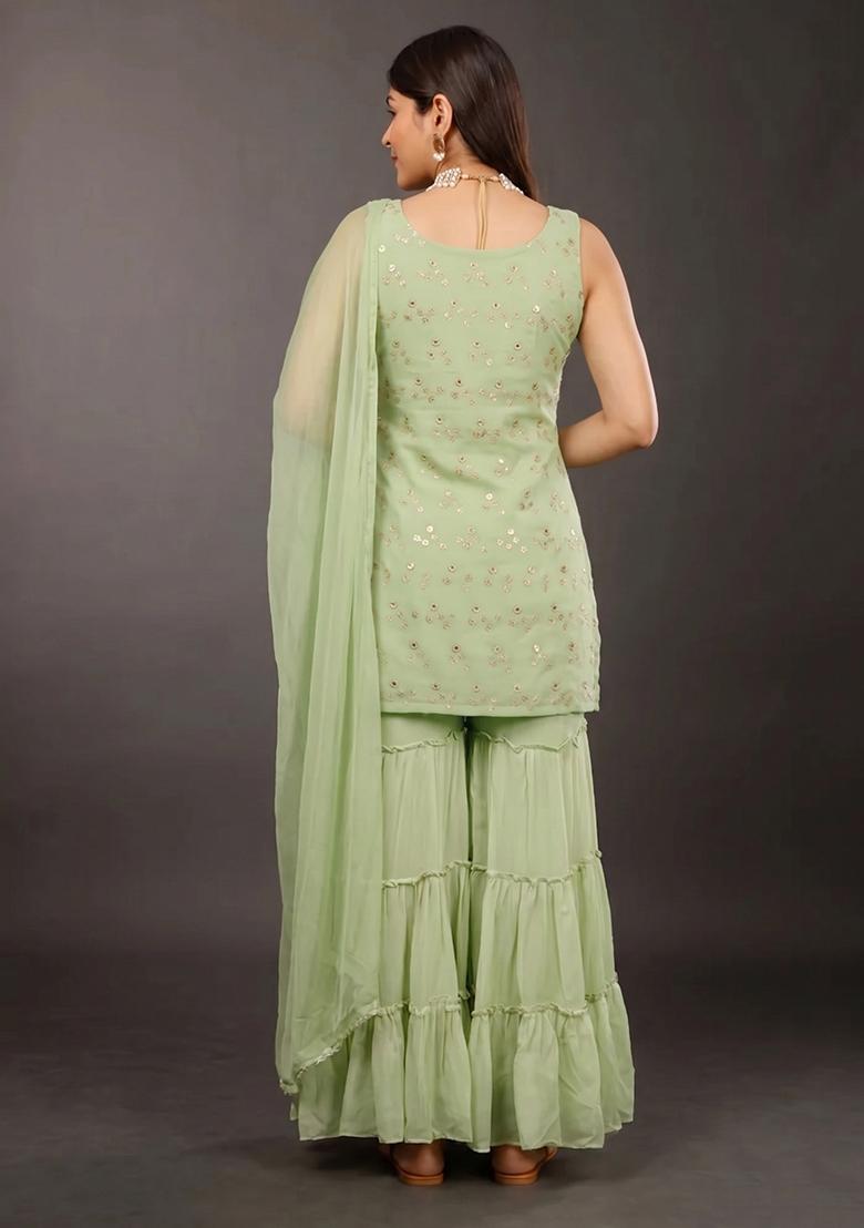 Mint Green Embellished Georgette Sharara Set - Indya