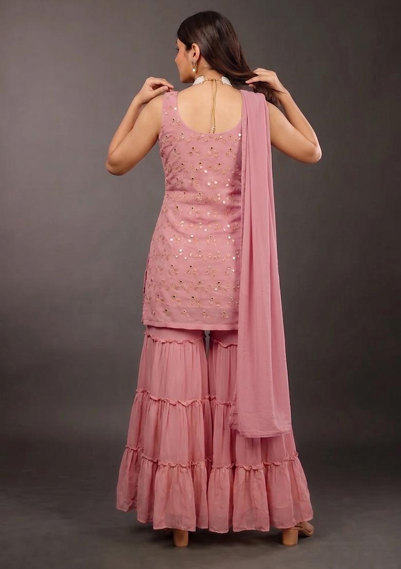 Dusty Pink Embellished Georgette Sharara Set - Indya